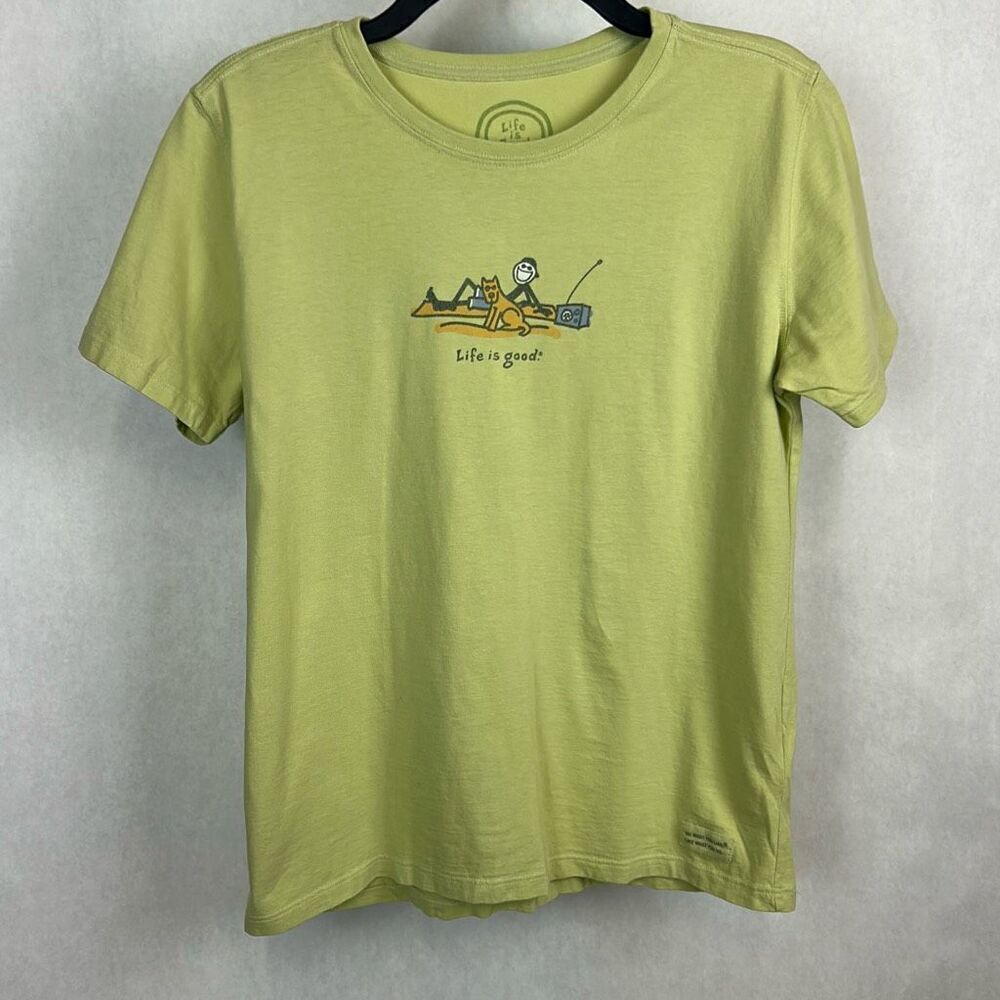 Life Is Good Womens Tshirt Sz Small GreenโShort Sleeve Dog Radio Stick Figure